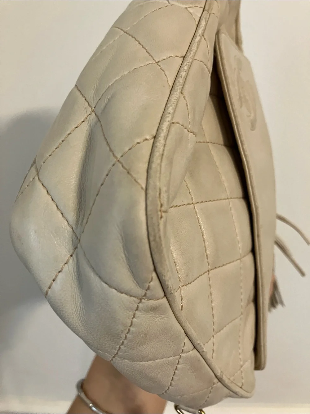 CHANEL Vintage Cream Quilted Leather Shoulder Camera Bag with Tassel